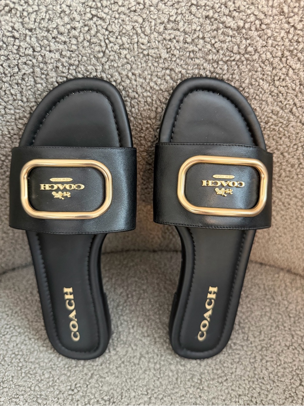 Coach Black Leather Slide Sandals with Gold Oval Hardware